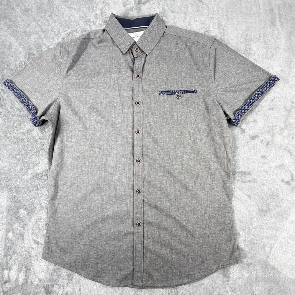 Craft + Flow Men's Small Gray Short Sleeve Button Down Shirt Geometric Trim